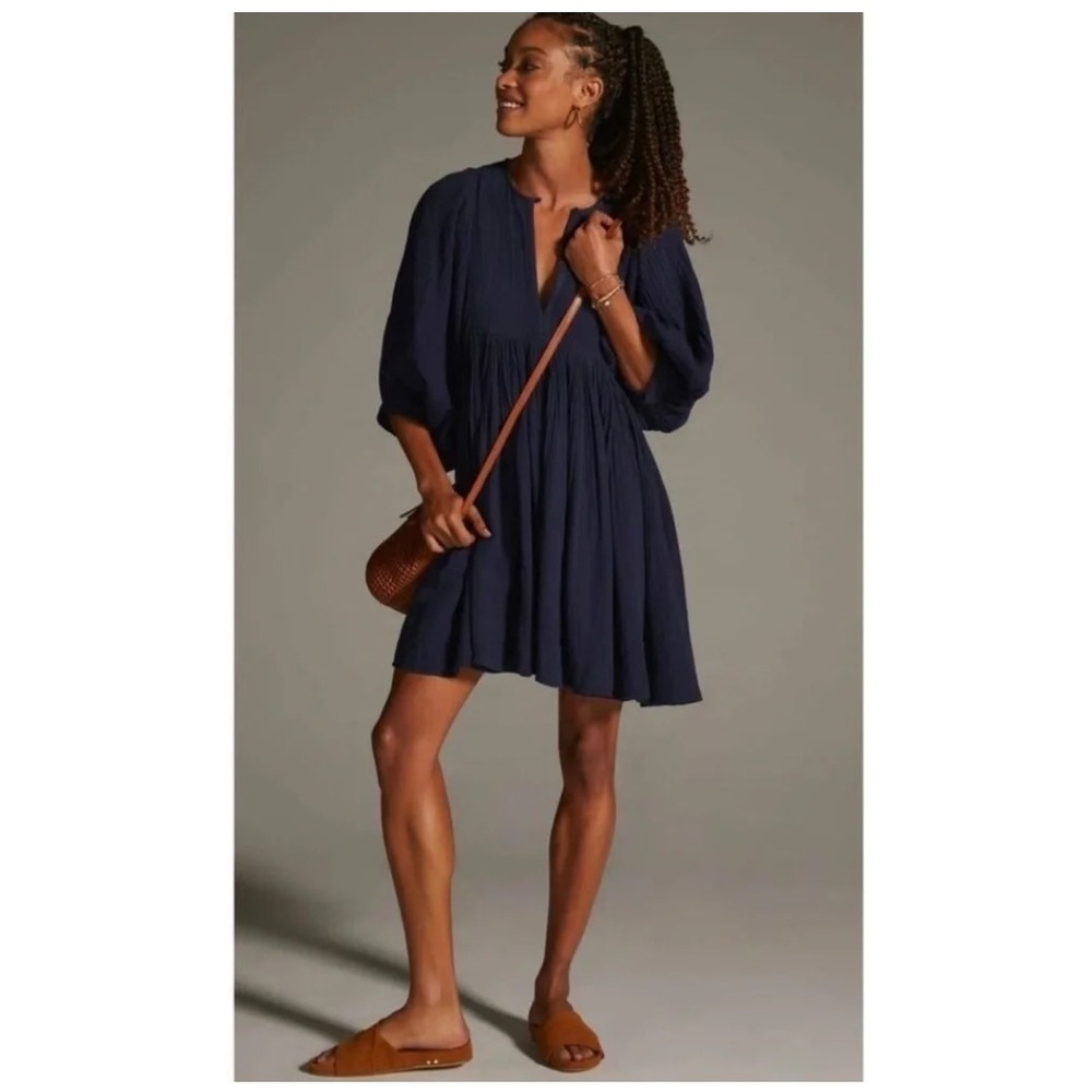 Sundry Anthro Womens 100% Cotton Dress 2 Navy Blue Gauze Babydoll Boho Flowy